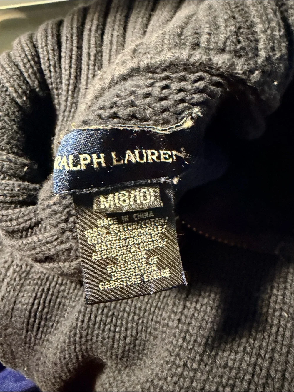 Girls Ralph Lauren Navy Knit Zip-Up Sweater with Cream Arm Stripes, size 8/10